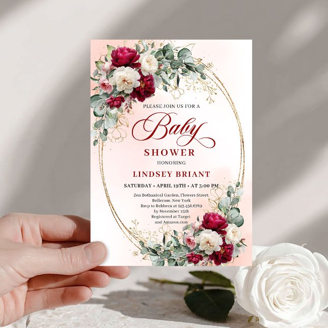 Invitation élégante boho bordeaux et or pour Baby  (Elegant Boho Burgundy Gold Baby Shower Invitation)