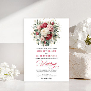 Invitation Élégante Boho Rouge Rubis Fleurs Rouges