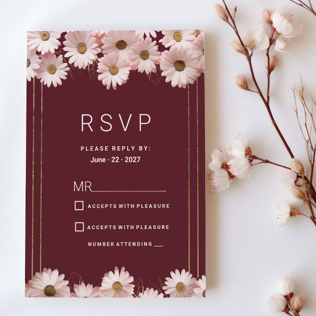 Invitation Elégante bordeaux rose bougie fleurs de marguerite (Elegant burgundy pink gold daisy flowers RSVP)