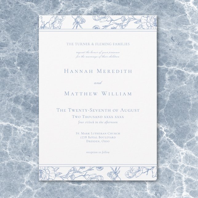 Invitation Élégante bordure à crête d'oiseau en chinoiserie b (Elegant Blue Chinoiserie Bird Crest Border Wedding Invitation)