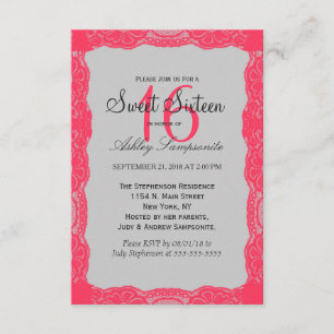 Invitation Elégante bordure de dentelle rose corail et gris a