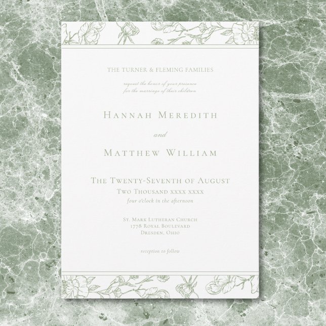 Invitation Élégante bordure de mariage à motif d'oiseau de st (Elegant Sage Chinoiserie Bird Crest Border Wedding Invitation)
