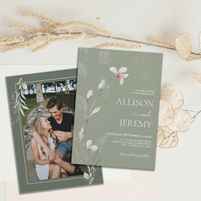 Invitation Elégante Botanique Sage Green Gold Wedding Invitat (sage green gold botanical minimalist photo wedding invite)