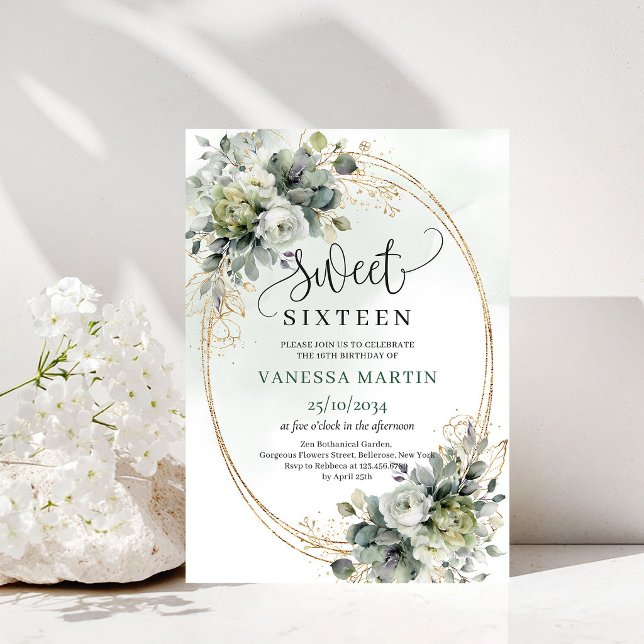 Invitation élégante botanique Sweet 16 vert or (Elegant Botanical Sweet 16 Green Gold Invitation)
