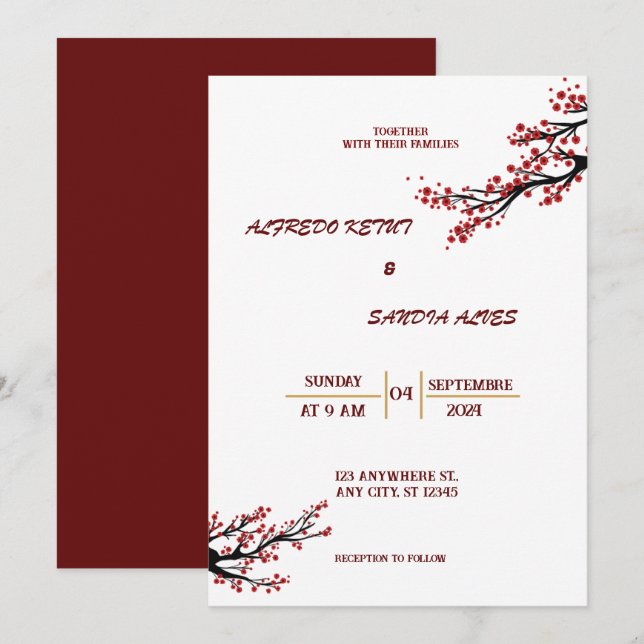 Invitation élégante Bourgogne Fleurs de Crimson Mariage Invit (Devant / Derrière)