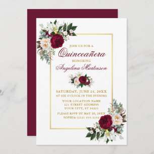 Invitation Elégante Bourgogne Floral Greenery Gold Quinceaner