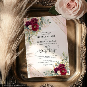 Invitation Elégante Bourgogne Gold Roses mariage floral invit