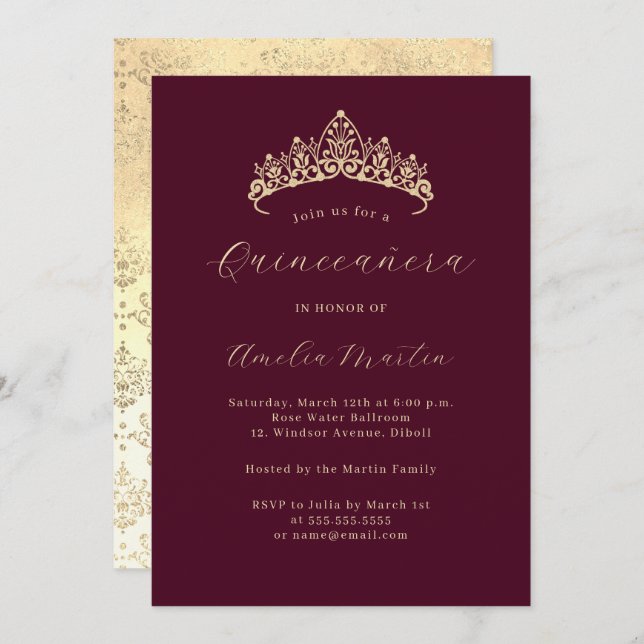 Invitation Elégante Bourgogne Gold Tiara Quinceanera (Devant / Derrière)