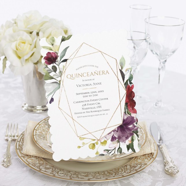 Invitation Elégante Bourgogne Scalloped Quinceañera Invitatio (Créateur téléchargé)