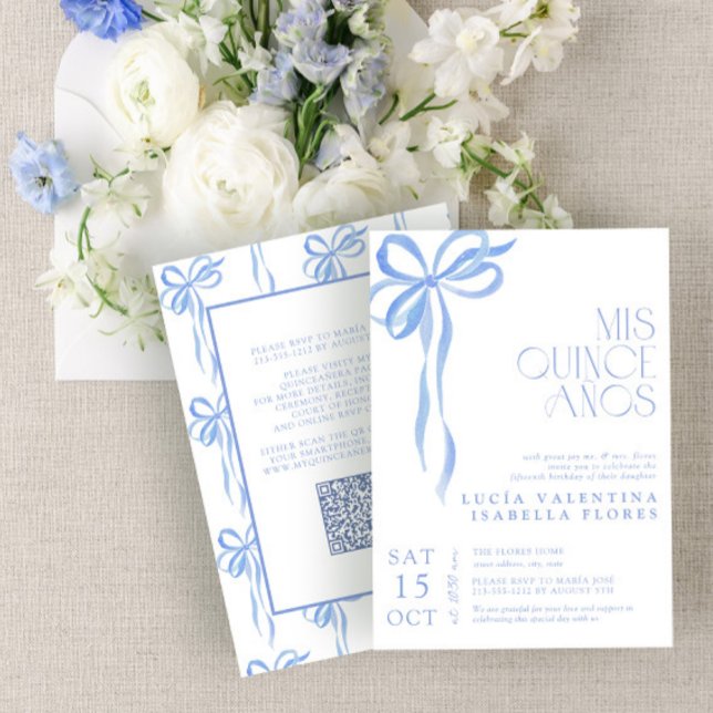 Invitation Elégante Bow Bleu QR Mis Quince Años Quinceañera (Créateur téléchargé)