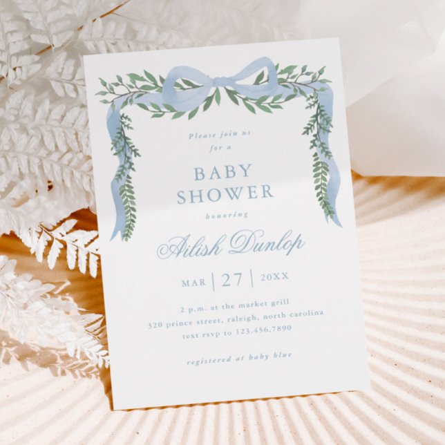 Invitation Elégante Bow Bleue avec Baby shower Garçon Vert (Elegant Blue Bow Greenery Boy Baby Shower Invitation.)