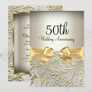 Invitation Elégante Bow Or & Floral Swirl 50e anniversaire