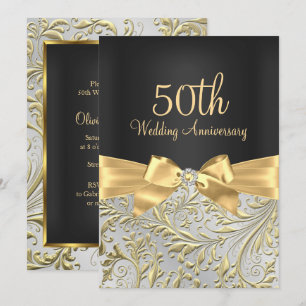 Invitation Elégante Bow Or & Floral Swirl 50e anniversaire