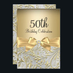 Invitation Élégante Bow or florale tourbillon 50e fête d'anni<br><div class="desc">Elégante Bow Floral Swirl 50e anniversaire de fête Invitation. Elégant diamant d'or arc & floral tourbillon design. Remarque : Toutes les images plates ! Ils n'ont pas de vrais bijoux !</div>