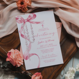Invitation Elégante Bow rose & Rosary Christening