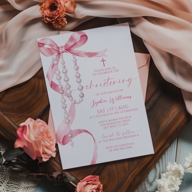 Invitation Elégante Bow rose & Rosary Christening (Créateur téléchargé)