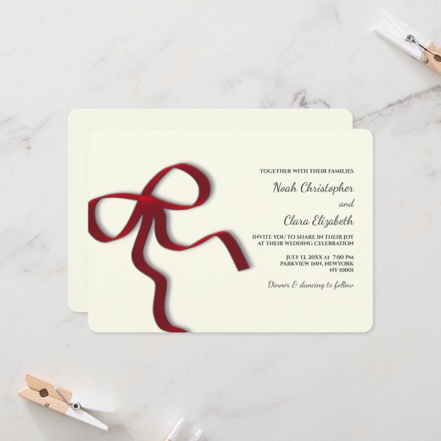 Invitation Elégante Bow rouge dessinée à la main - minimalist (Devant/Arrière en situation)