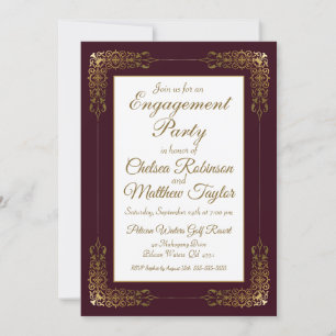 Invitation Elégante Burgundy Gold Lace Frame Engagement Party