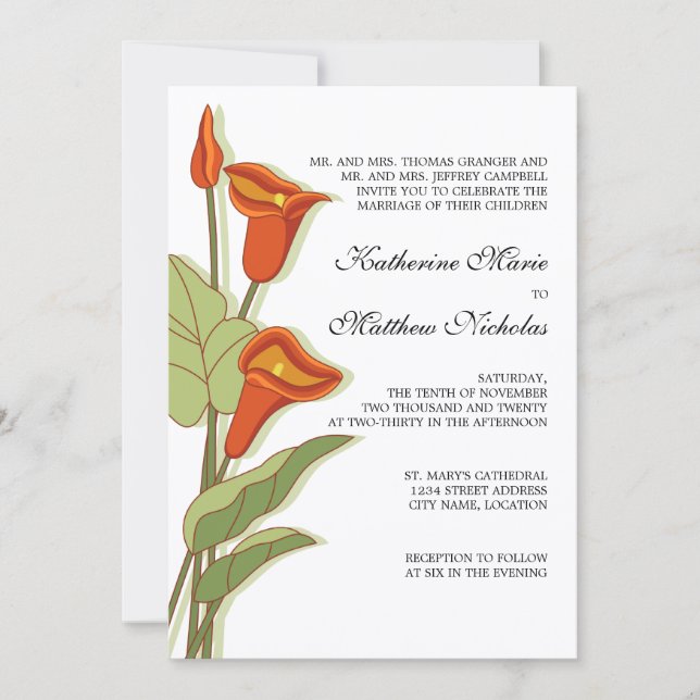 Invitation Elégante Calla Lily en Mariage orange (Devant)