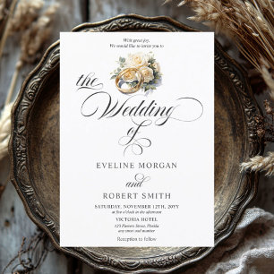 Invitation Élégante calligraphie anneaux or et mariage rose