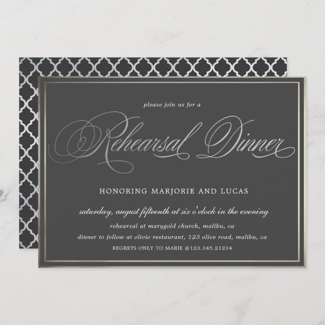 Invitation élégante calligraphie argent Reprendre Dîner (Devant / Derrière)