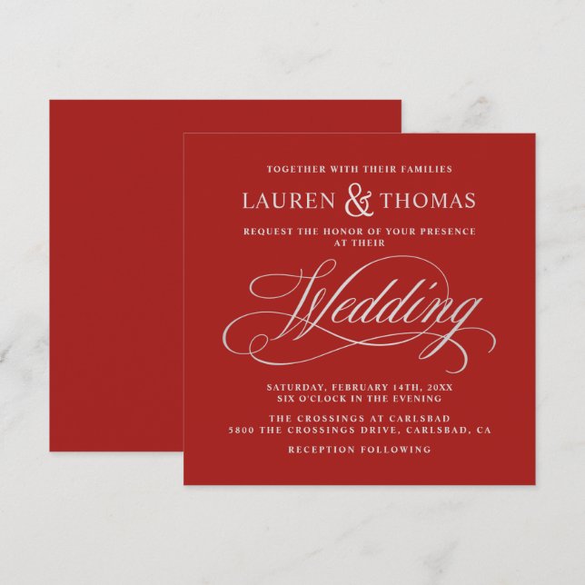 Invitation Élégante calligraphie argentée sur Mariage rouge r (Devant / Derrière)