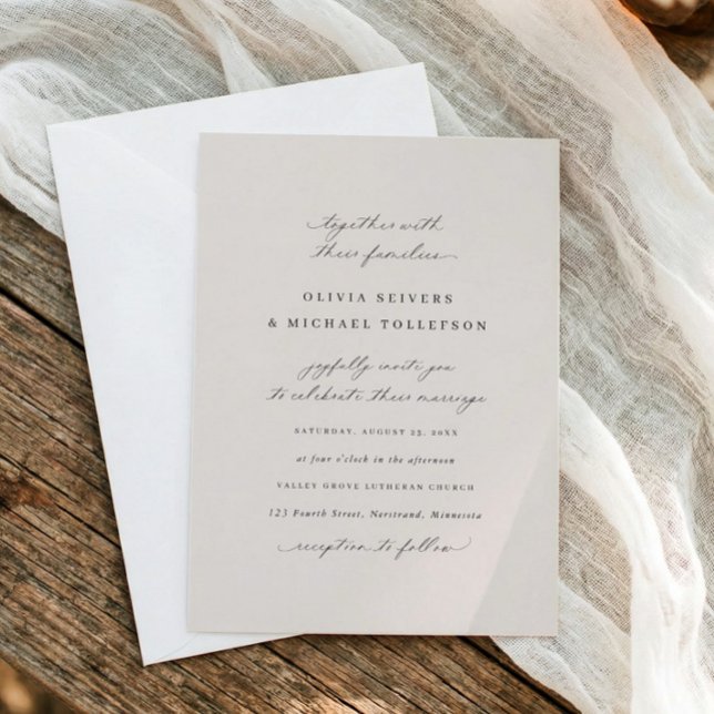 Invitation Élégante calligraphie beige mariage traditionnel (Beige classic wedding invitation with elegant calligraphy and traditional formal layout)