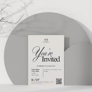 Invitation Élégante calligraphie beige QR Code Business Event