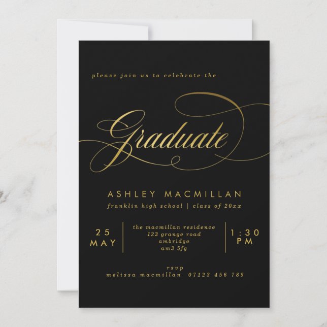 Invitation Élégante Calligraphie Black & Gold Graduation Part (Devant)