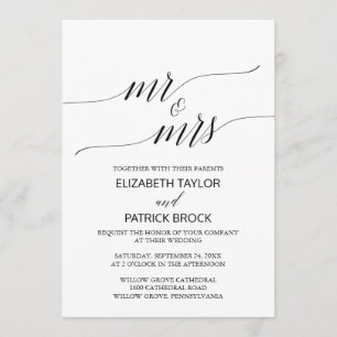 Invitation Élégante calligraphie blanche noire "Mr & Mrs" Mar