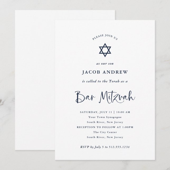 Invitation Élégante calligraphie bleue marine | Bar Mitzvah (Devant / Derrière)