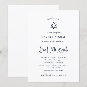 Invitation Élégante calligraphie bleue marine Bat mitzvah