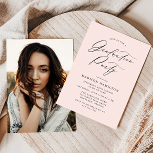 Invitation Élégante Calligraphie Blush Photo Graduation Party