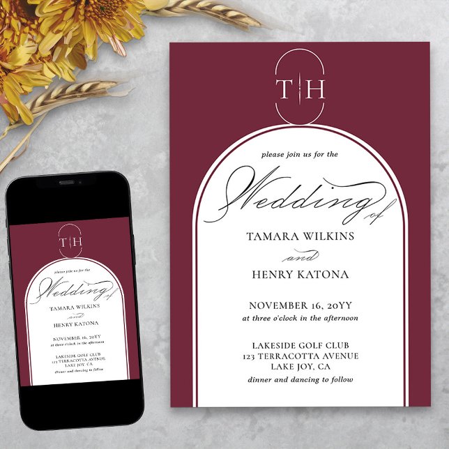 Invitation Élégante calligraphie Bourgogne Monogramme Mariage (Elegant monogrammed burgundy wedding invitation from my Wedding Colors collection)