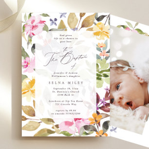 Invitation Élégante calligraphie Cadre Floral Baptême Photo