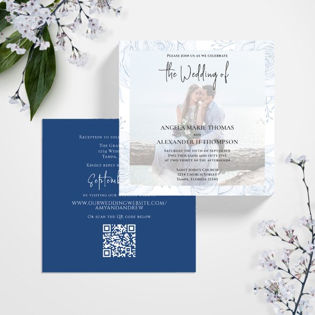 Invitation Élégante calligraphie classique simple bleu photo  (Simple elegant Photo wedding invitation with a QR code for rsvp, template. )