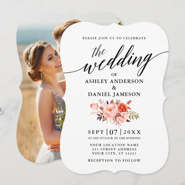 Invitation Élégante calligraphie Coral Floral Photo Mariage (Devant / Derrière)