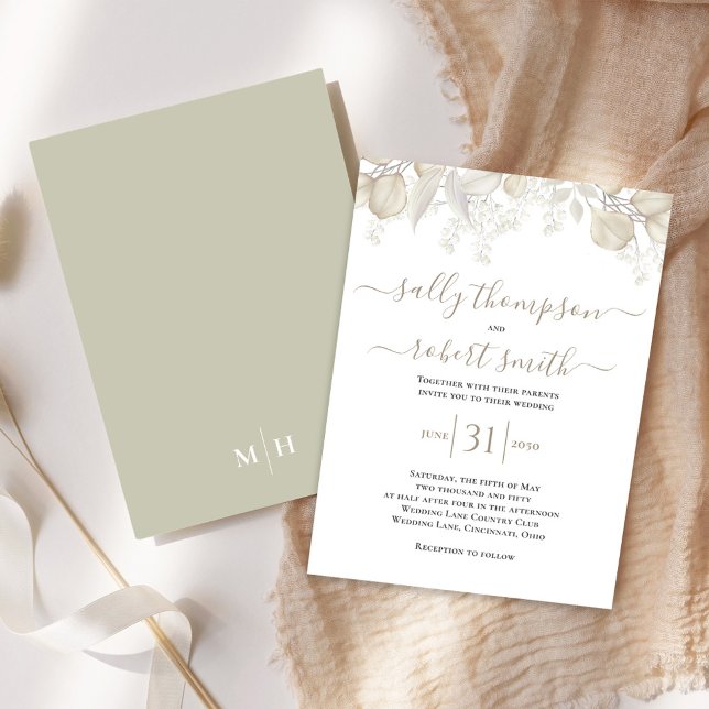 Invitation Élégante calligraphie de mariage Script de verdure (Simple and elegant sage green and cream foliage wedding invitation.)