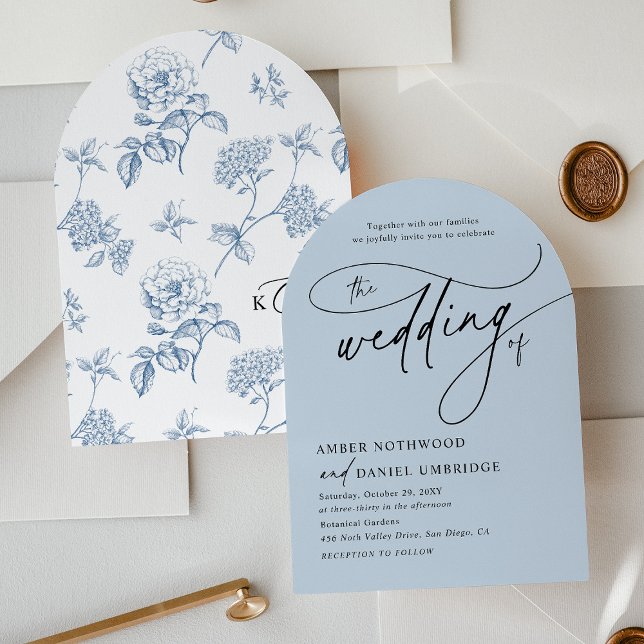 Invitation Élégante calligraphie Dusty Blue Arch Mariage (Créateur téléchargé)
