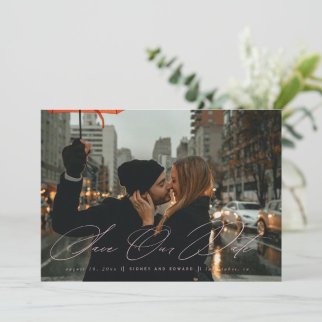 Invitation Élégante Calligraphie Enregistrer La Date Photo Bl (Debout devant)