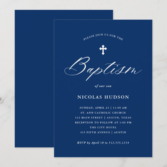 Invitation Élégante calligraphie et croix | Baptême bleu mari (Devant / Derrière)