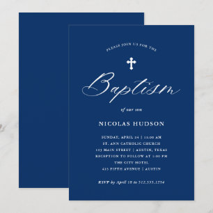 Invitation Élégante calligraphie et croix  Baptême bleu marin