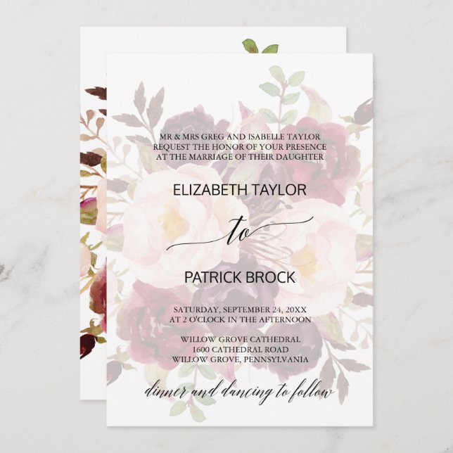 Invitation Élégante calligraphie | Faded Floral Foral Mariage (Devant / Derrière)