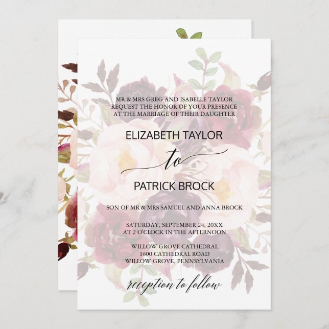 Invitation Élégante calligraphie | Faded Floral Foral Mariage (Devant / Derrière)