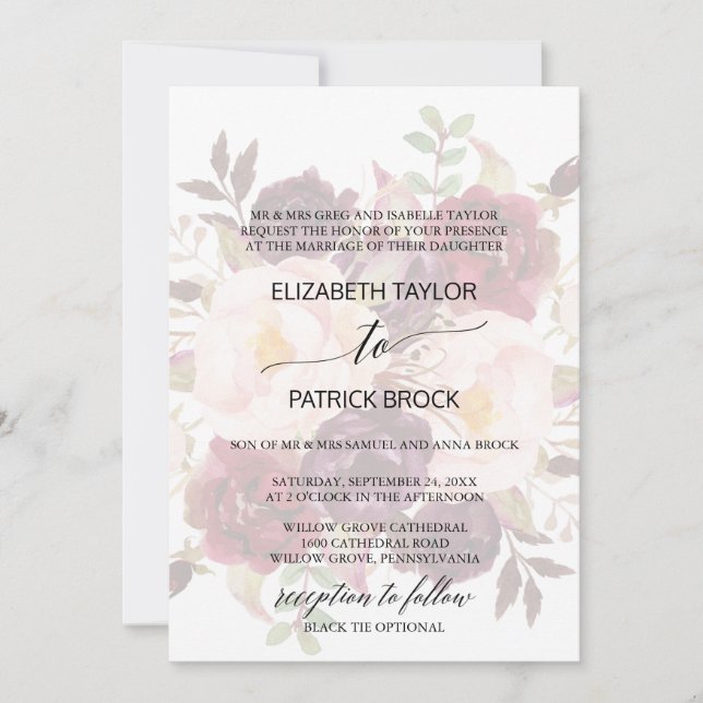 Invitation Élégante calligraphie | Faded Floral Foral Mariage (Devant)