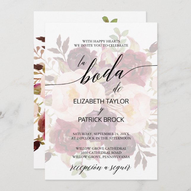 Invitation Élégante calligraphie | Faded Floral Mariage espag (Devant / Derrière)