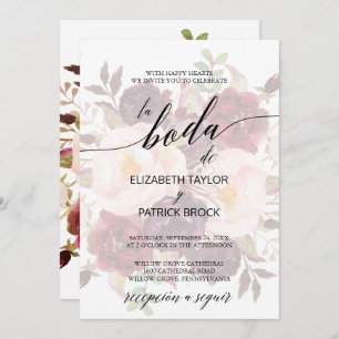 Invitation Élégante calligraphie Faded Floral Mariage espag