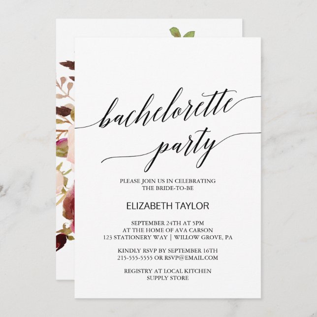 Invitation Élégante calligraphie | Floral Bachelorette Party (Devant / Derrière)