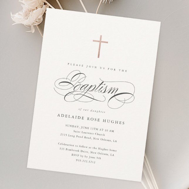 Invitation Élégante calligraphie Genre Neutre Script Baptême (Elegant calligraphy rose gold cross baptism invitation.)