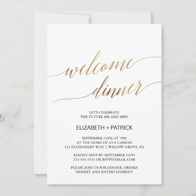 Invitation Élégante calligraphie | Gold Welcome Dinner (Devant)